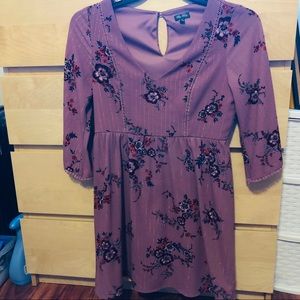 Floral Fitted Lined V-Neck Dress with 3/4 Sleeves